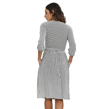 MEROKEETY Striped Balloon Sleeve Midi Dress