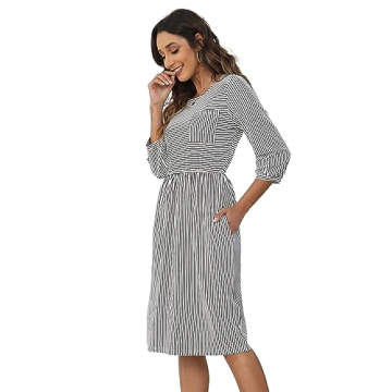 MEROKEETY Striped Balloon Sleeve Midi Dress