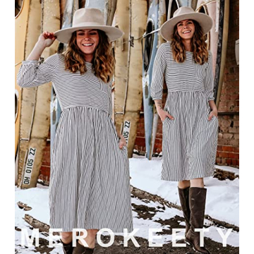 MEROKEETY Striped Balloon Sleeve Midi Dress