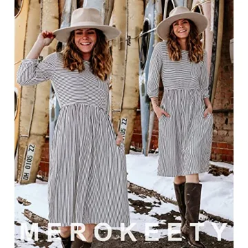 MEROKEETY Striped Balloon Sleeve Midi Dress