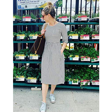 MEROKEETY Striped Balloon Sleeve Midi Dress