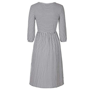 MEROKEETY Striped Balloon Sleeve Midi Dress