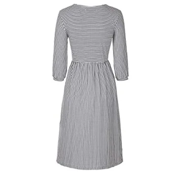 MEROKEETY Striped Balloon Sleeve Midi Dress