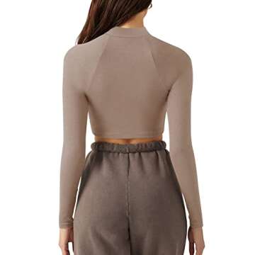 LASLULU Womens Full Zipper Workout Shirts Long Sleeve Crop Tops Gym Sports Tops Pullover Sweatshirts Athletic Jacket(Khaki Small)