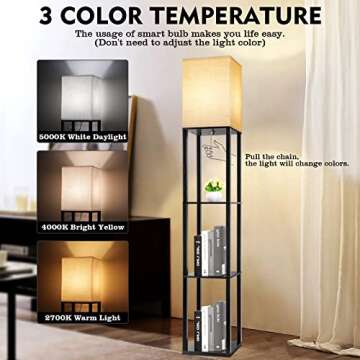 RUNTOP 3-Shelf Floor Lamp with LED Bulbs - Modern Standing Display Shelf Lamp for Living Room, Bedro...