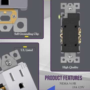 ENERLITES Elite Series Decorator Receptacle, Child Safe Tamper-Resistant Outlet, Self-Grounding, Res...