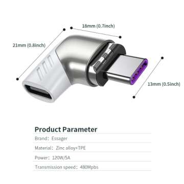 HIEbee Magnetic USB C Adapter,Right Angle Magnetic USB C to USB Type C Connector with PD 120W Fast C...