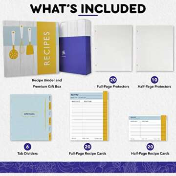 ENOLVO Recipe Binder 8.5X11 3 Ring - Full Page Recipe Book Binder Kit, Make Your Own Cookbook Binder Recipe Organizer – Plastic Page Protectors, Cards, and Dividers for 80 Recipes – Gift Box