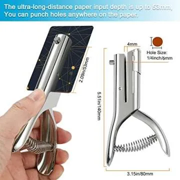 Single Hole Punch 2 Inch Reach Deep Throat Heavy Duty Hole Punch Tab Zinc Alloy Silver Long Hole Pun...