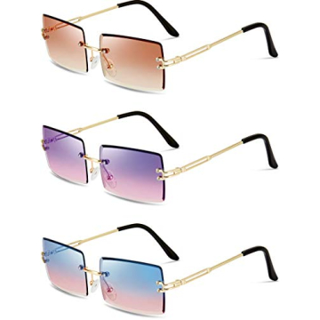 Weewooday 3 Pairs Rimless Rectangle Tinted Transparent Sunglasses for Women Men - Tea, Purple Pink, ...