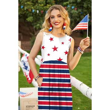 For G and PL 4th of July High Waisted Patriotic Sundress with Pocket Womens Sleeveless Tank Maxi Dress Star & Stripe L