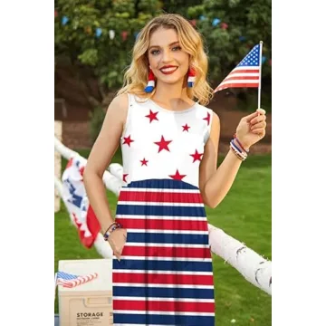 For G and PL 4th of July High Waisted Patriotic Sundress with Pocket Womens Sleeveless Tank Maxi Dress Star & Stripe L