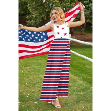 For G and PL 4th of July High Waisted Patriotic Sundress with Pocket Womens Sleeveless Tank Maxi Dress Star & Stripe L