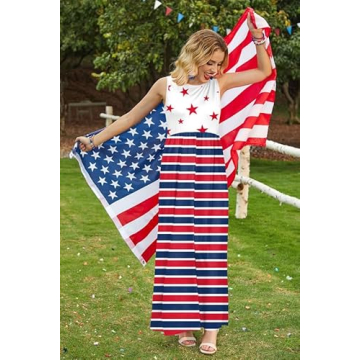 For G and PL 4th of July High Waisted Patriotic Sundress with Pocket Womens Sleeveless Tank Maxi Dress Star & Stripe L