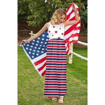 For G and PL 4th of July High Waisted Patriotic Sundress with Pocket Womens Sleeveless Tank Maxi Dress Star & Stripe L