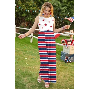 For G and PL 4th of July High Waisted Patriotic Sundress with Pocket Womens Sleeveless Tank Maxi Dress Star & Stripe L