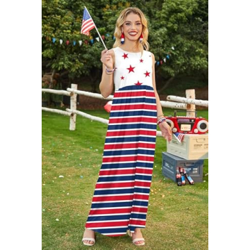 For G and PL 4th of July High Waisted Patriotic Sundress with Pocket Womens Sleeveless Tank Maxi Dress Star & Stripe L