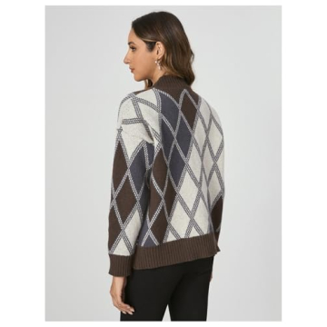 SHENHE Women's Cardigan Argyle Sweater Plaid Long Sleeve Button Down Preppy Knit Outerwear Coffee Brown Large