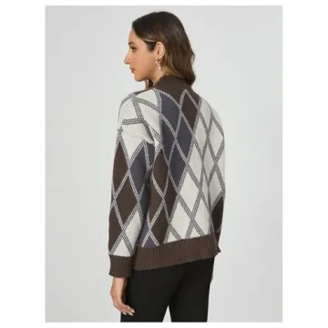 SHENHE Women's Cardigan Argyle Sweater Plaid Long Sleeve Button Down Preppy Knit Outerwear Coffee Brown Large