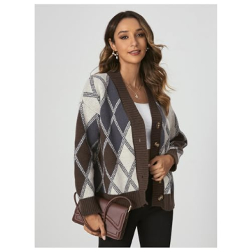 SHENHE Women's Cardigan Argyle Sweater Plaid Long Sleeve Button Down Preppy Knit Outerwear Coffee Brown Large