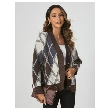 SHENHE Women's Cardigan Argyle Sweater Plaid Long Sleeve Button Down Preppy Knit Outerwear Coffee Brown Large