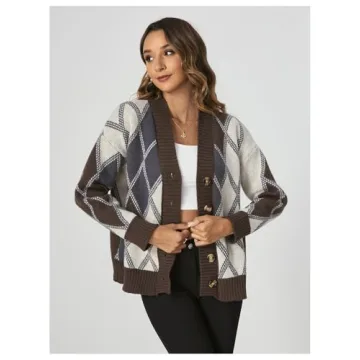 SHENHE Women's Cardigan Argyle Sweater Plaid Long Sleeve Button Down Preppy Knit Outerwear Coffee Brown Large