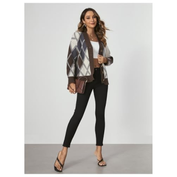 SHENHE Women's Cardigan Argyle Sweater Plaid Long Sleeve Button Down Preppy Knit Outerwear Coffee Brown Large