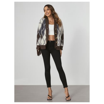 SHENHE Women's Cardigan Argyle Sweater Plaid Long Sleeve Button Down Preppy Knit Outerwear Coffee Brown Large