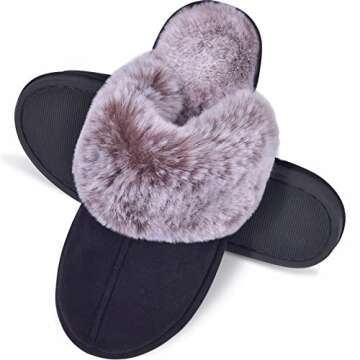 Cozyfurry Womens Slipper Fuzzy Fluffy House Slippers Faux Fur Cozy Warm Soft Indoor Shoes Memory Foam Anti-skid Rubber Sole Black 9-10