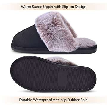 Cozyfurry Womens Slipper Fuzzy Fluffy House Slippers Faux Fur Cozy Warm Soft Indoor Shoes Memory Foam Anti-skid Rubber Sole Black 9-10
