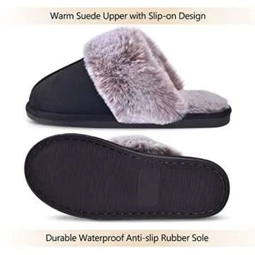 Cozyfurry Womens Slipper Fuzzy Fluffy House Slippers Faux Fur Cozy Warm Soft Indoor Shoes Memory Foam Anti-skid Rubber Sole Black 9-10