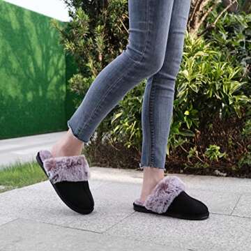Cozyfurry Womens Slipper Fuzzy Fluffy House Slippers Faux Fur Cozy Warm Soft Indoor Shoes Memory Foam Anti-skid Rubber Sole Black 9-10