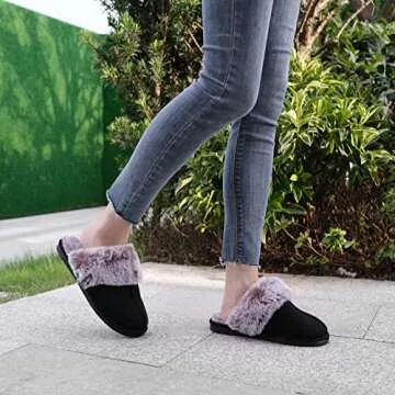 Cozyfurry Womens Slipper Fuzzy Fluffy House Slippers Faux Fur Cozy Warm Soft Indoor Shoes Memory Foam Anti-skid Rubber Sole Black 9-10