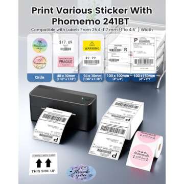 Phomemo Shipping Label Printer, 241BT 4X6 Wireless Thermal Label Printer for Small Business, Labels Printers for Shipping Package, Compatible with iPhone, Android, Amazon, Shopify, UPS, Black