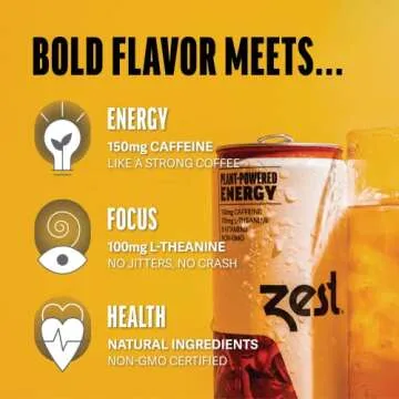 Zest Plant Powered Natural Energy Sparkling Drink - Sweet Chai Infusion - 150mg Caffeine + 100 mg L-Theanine - 12oz Can 12 Pack - Low Sugar, 60 Cals, Healthy Coffee Substitute, Non GMO High Caff Blend