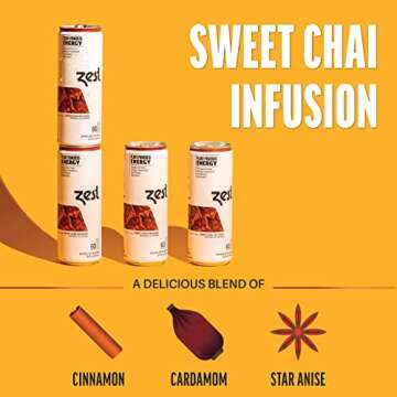 Zest Plant Powered Natural Energy Sparkling Drink - Sweet Chai Infusion - 150mg Caffeine + 100 mg L-Theanine - 12oz Can 12 Pack - Low Sugar, 60 Cals, Healthy Coffee Substitute, Non GMO High Caff Blend