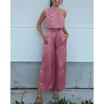 NOLLSOM Women's Casual Summer Satin Outfit Set - Pink