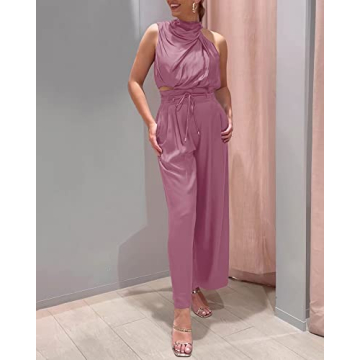 NOLLSOM Women's Casual Summer Satin Outfit Set - Pink