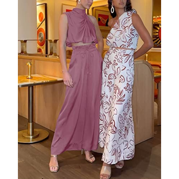 NOLLSOM Women's Casual Summer Satin Outfit Set - Pink