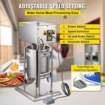 Happybuy Electric Sausage Stuffer 15L Capacity, Vertical Meat Stuffer Various Speed Control, Stainless Steel Sausage Filler with 4 Sausage Tubes for Commercial and Home Use