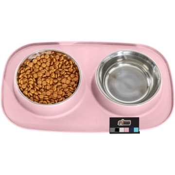 Gorilla Grip 100% Waterproof BPA Free Cat and Dog Bowls Silicone Feeding Mat Set, Stainless Steel Bo...