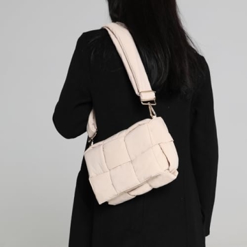NAARIIAN Puffer shoulder bag Nylon padded woven handbag designer crossbody dupes women down purse(beige)