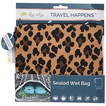 Itzy Ritzy Sealed Wet Bag with Handle – Wet Bag for Travel, Swimsuits, Cloth Diapers, Gym Clothes & Toiletries - Washable & Reusable with Water Resistant Lining - Measures 11” x 14” (Leopard)