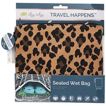 Itzy Ritzy Sealed Wet Bag with Handle – Wet Bag for Travel, Swimsuits, Cloth Diapers, Gym Clothes & Toiletries - Washable & Reusable with Water Resistant Lining - Measures 11” x 14” (Leopard)