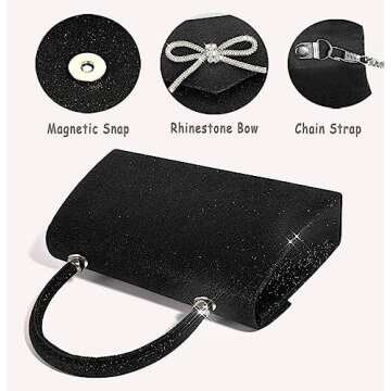 Trisapu Womens Evening Bag Sparkly Bow Clutch Purse Wedding Party Purses Glitter Rhinestone Cocktail Prom Handbags Black