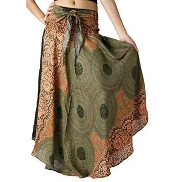 Long Skirts for Women Maxi Boho Skirt Hippie Clothes Bohemian Print (Green Floral, One Size)