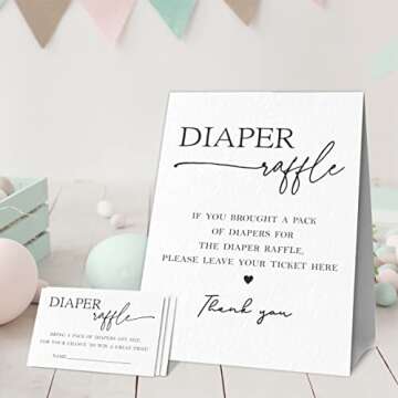 Baby Shower Games, 1 Diaper Raffle Standing Sign with 50 Diaper Raffle Tickets, Minimalist Hello Bab...