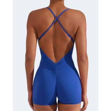 YEOREO Backless Tummy Control Jumpsuits for Women One Piece Workout Jumpsuits Sleeveless V Back Lizvette Scrunch Yoga Rompers Blue L