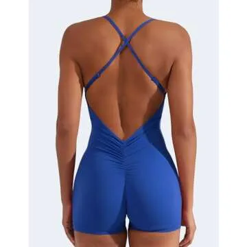 YEOREO Backless Tummy Control Jumpsuits for Women One Piece Workout Jumpsuits Sleeveless V Back Lizvette Scrunch Yoga Rompers Blue L
