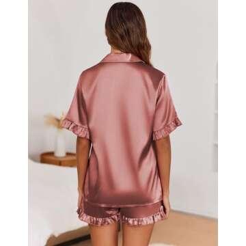 Ekouaer Womens Satin Pajamas Set Button Down Silk 2 Piece Pj Sets Ruffle Short Sleeve Sleepwear,Brow...